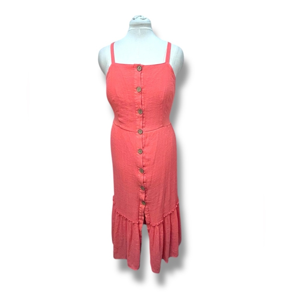 Mlle Gabrielle Womens Adjustable Spaghetti Strap Coral Button Front Midi Dress